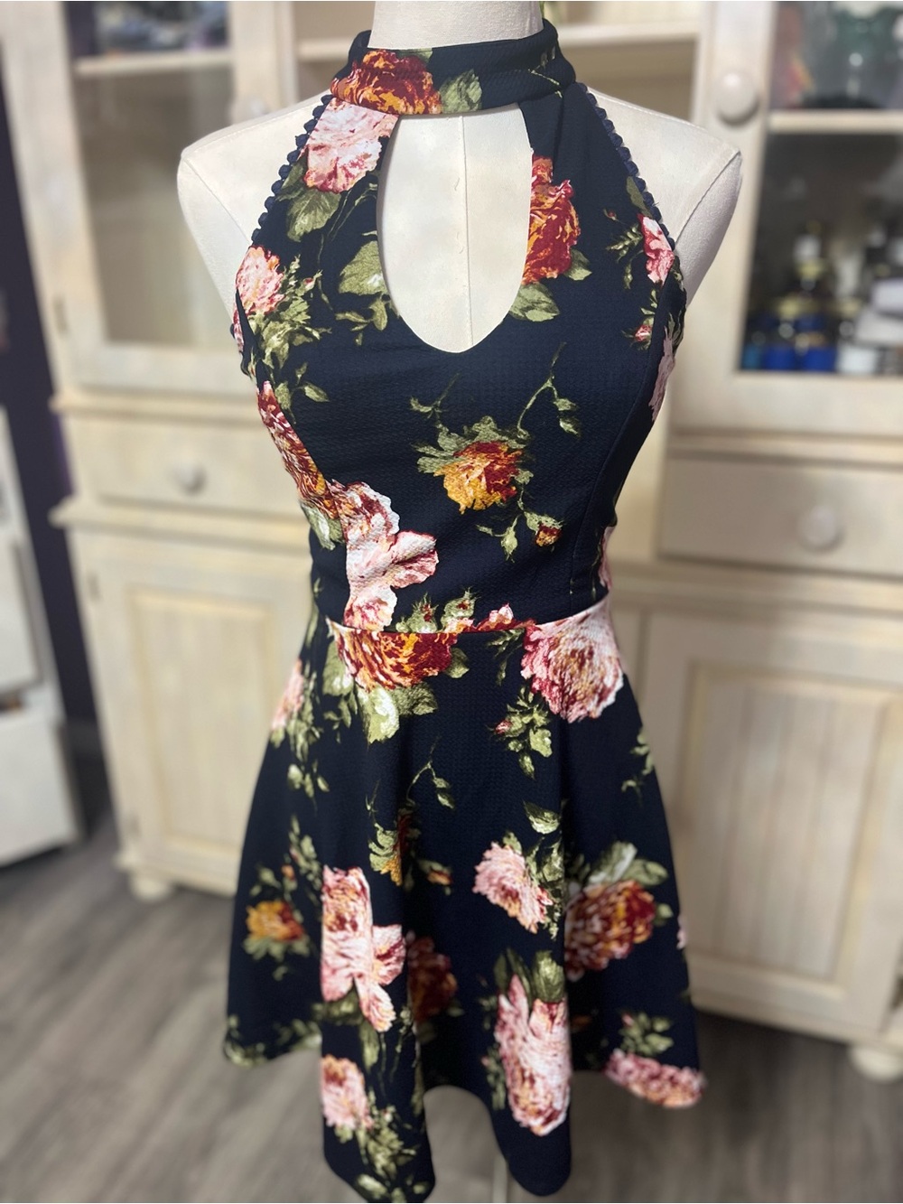 Crystal Doll Navy Floral Halter Mini Dress Size 3 juniors